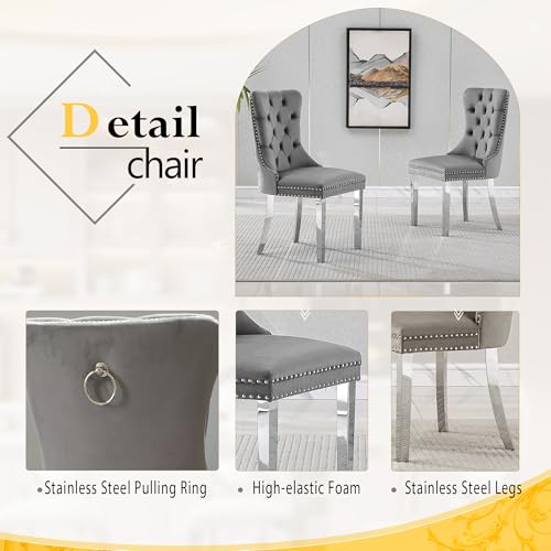 7 Piece Luxury Dining Room Set (Silver White + Grey / Dining Table + 6 Velvet Chair)