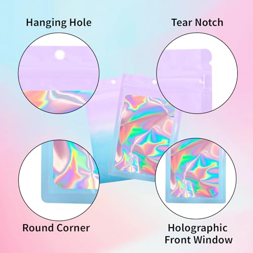 200 Pack Resealable Mylar Holographic Bags Food Storage Smell Proof Bags with Front Window Foil Packaging Pouch for Candy Sample Jewelry Small Business 4.13×5.91 Inch (200 Count)