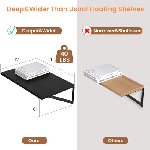 20W x 12D Deep Floating Shelves Set of 2 Black (Black With Black Metal Bracket / 20Wx12Dx5.8H)