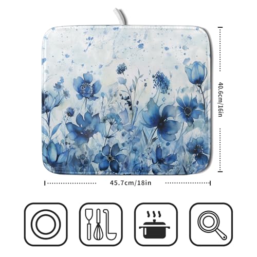 Blue Floral Dish Drying Mat for Kitchen Counter Watercolor Leaves Dishes Drainer Rack Mat Absorbent Microfiber Dish Draining Pad 16x18 Inch (Watercolor Blue Floral / 16" x 18")