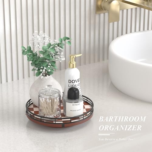 9 Inch Brown Checkerboard Lazy Susan Organizer with Black Metal Rail (Brown & White / 9 inches)