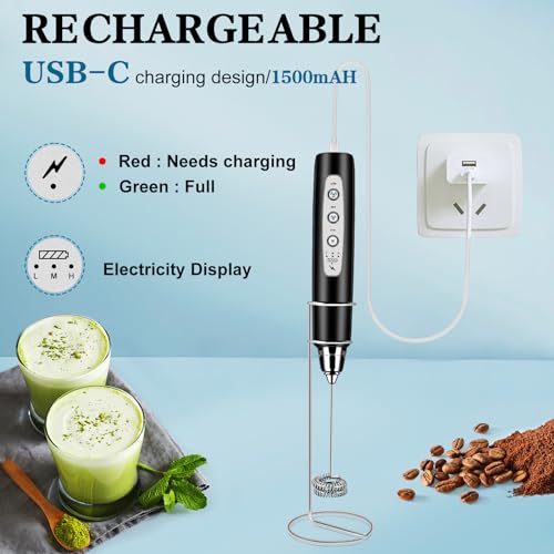 Milk Frother Wand Rechargeable Handheld Whisk Coffee 3 Speed Adjustable (Frother with stand / Black)