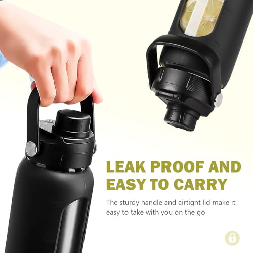 24 oz Glass Water Bottle with Straw and 2 Lids (Black / 24 Ounces)