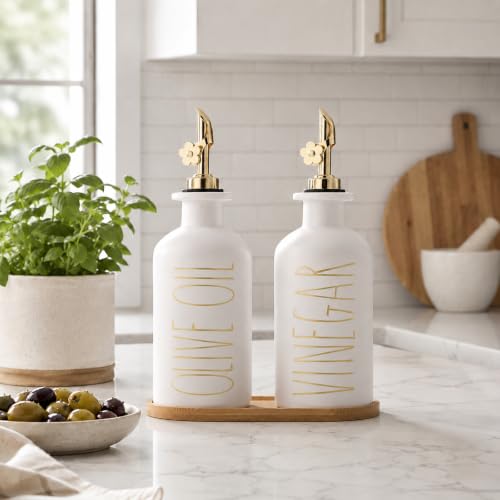 Premium Olive Oil Dispenser for Kitchen (White&Gold+Tray / 11.8 fl oz)