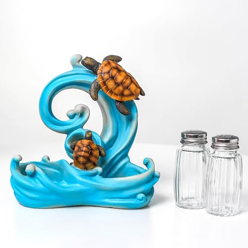Resin Ocean Sea Turtle Salt And Pepper Shakers Set Holder with Glass Spice Jars (SeaTurtle)