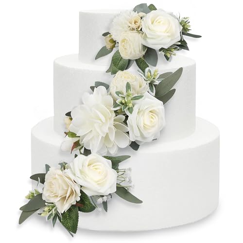 3Pcs Pre made Cake Flowers Toppers White Green Cake Decorations Wedding Cake Decorating Flowers Decor Birthday Baptism Party Cake Topper (3 Count)
