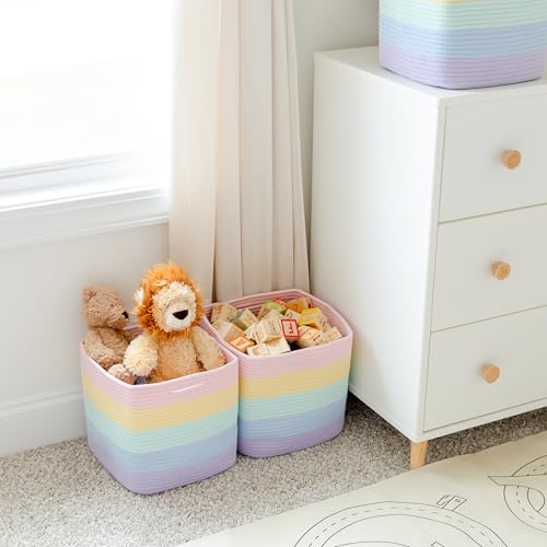 Storage Cubes 11 Inch Cotton Rope Woven Baskets for Organizing (Pastel Rainbow)
