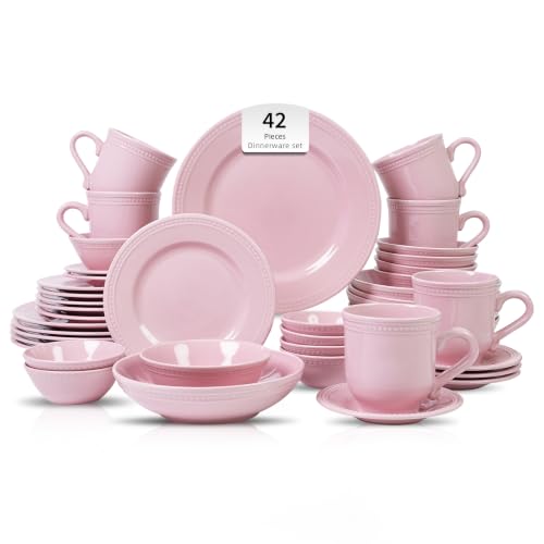 HomeVSS 42 Piece Pearl Dots Stoneware Dinnerware Set (42pc Set / Pink)