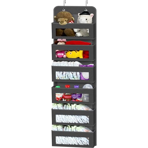 6 Clear Pocket Over Door Hanging Organizer (6 Pockets / Dark Gray)
