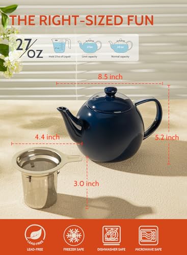 Teapot Porcelain Tea Pot with Stainless Steel Infuser (Navy / 27oz (with infuser))
