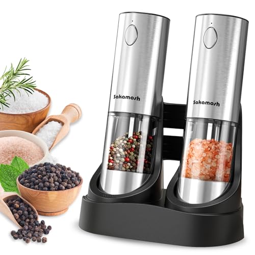Salt & Pepper Grinder Set with Rechargeable Base (Silver Upgrade)