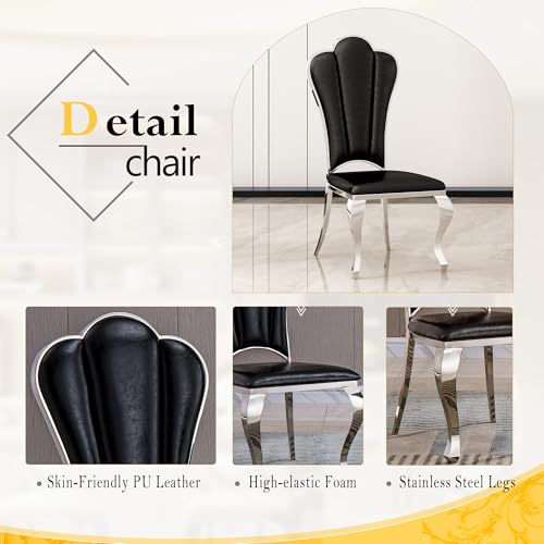 7 Piece Luxury Dining Room Set (Silver White + Black / Dining Table + 6 Petal Chairs)