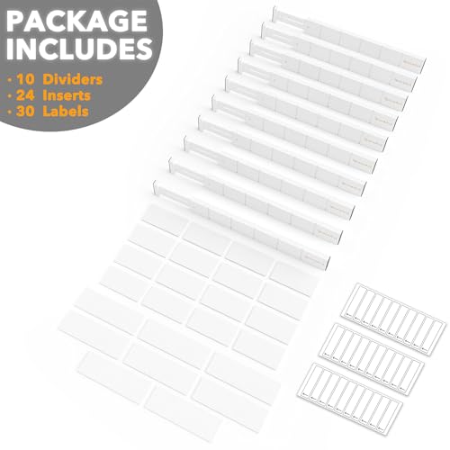 Bamboo Drawer Dividers with Inserts and Labels (2.35''H, 17''-22''L, 10 Dividers / WHITE)