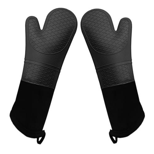 Extra Long Silicone Oven Mitts Heavy Duty Commercial Grade Oven Mitts Heat Resistant BBQ Gloves with Quilted Cotton Lining 2 Pack