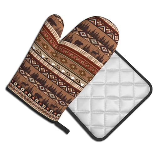 Rustic Bear Deer Oven Mitts and Pot Holder Sets Boho Ethnic Hot Pads Non (Rustic Bear Deer)