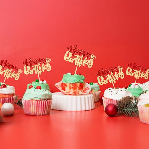 24Pcs Happy Birthday Cupcake Toppers Double Layer Glitter Happy Birthday Cake Decorations for Christmas Theme Baby Shower Anniversary Party Decorations Supplies Red Gold (Style 1 / Red Gold)