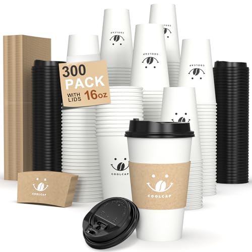 Coffee Cups with Lids and Sleeves (White-300packs / 16 oz)