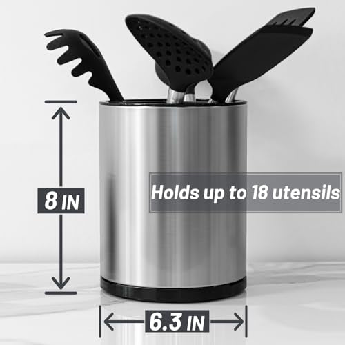 Kitchen Utensil Holder for Countertop 360° Rotating Utensil Caddy Extra Large Utensil Crock Cooking Utensil Holder for Kitchen Counter (Silver and Black)