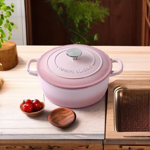 Enameled Cast Iron Covered Dutch Oven with Lid Round Pot for Bread Baking (Pink / 7QT)