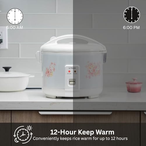 JNP-1800-LF 10 Cup Capacity White Rice Cooker with Non-Stick Inner Pot, Retractable Power Cord, and Keep Warm up to 12 hours (Flower)