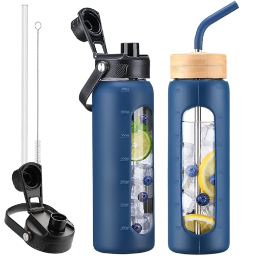 24 oz Glass Water Bottle with Straw and 2 Lids (Navy Blue / 24 Ounces)