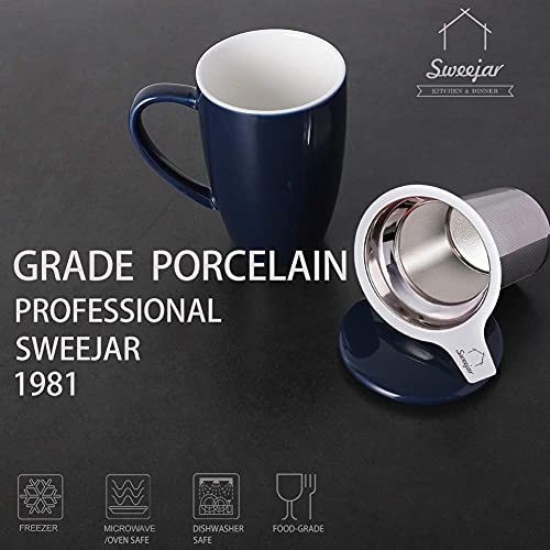 Sweejar Porcelain Tea Infuser Cup with Lid (Navy / Tea Cup(16 Fl Oz))