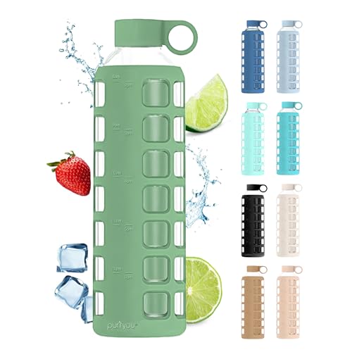 40oz / 32oz / 22oz / 12oz Borosilicate Glass Water Bottle with Time & Volume Markers, Silicone Sleeve, Stainless Steel Lid | Reusable Glass Bottle for Water & Juice (32oz Shale Green) (Shale Green (1 Count) / 32 Ounces)