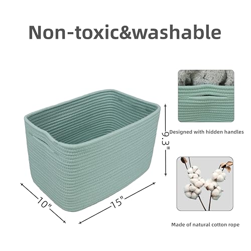 Woven Cotton Rope Storage Baskets 15x10x9.3" 3 Pack Green (Green)