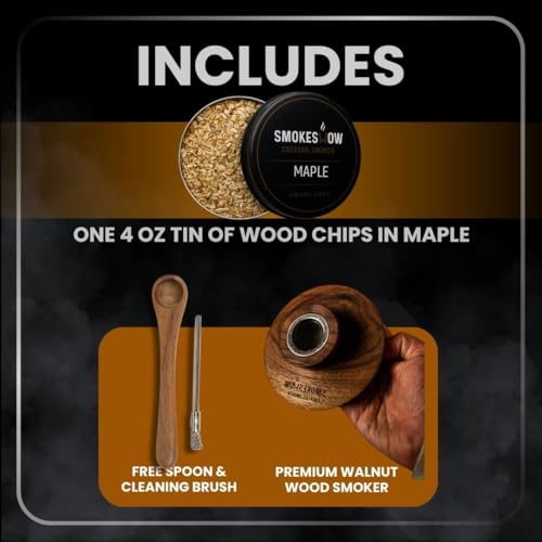 Premium Walnut Wood Cocktail Smoker with One 4 oz Tin of Wood Chips. Great for Whiskey & Old Fashion. Coated in Safe Food Natural Beeswax (Maple)