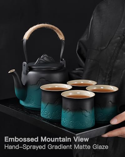 Ceramic Teapot with Infuser (Black/Green / 33.8oz Teapot&4 of 8oz Cups)