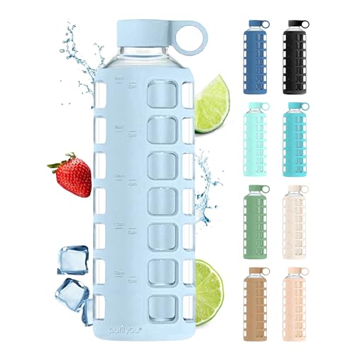 40oz / 32oz / 22oz / 12oz Borosilicate Glass Water Bottle with Time & Volume Markers, Silicone Sleeve, Stainless Steel Lid | Reusable Glass Bottle for Water & Juice (40oz Ice Blue) (Ice Blue (1 Count) / 40 Ounces)