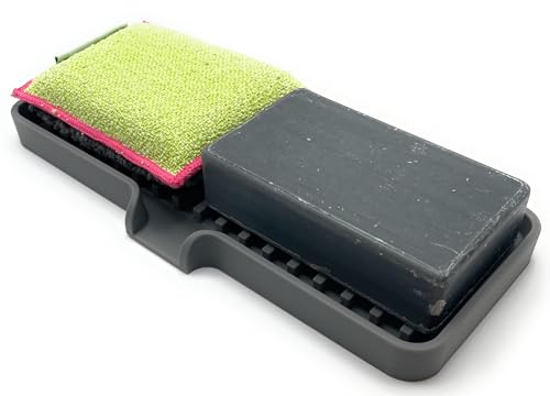 Silicone Soap Dish Tray and Sponge Holder with Drain Chute (Gray / (MD) 9"x3.5")