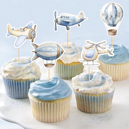35Pcs Watercolor Blue Airplanes Cupcake Toppers Cartoon Hot Air Balloon Helicopter Cupcake Picks for Blue Boys Birthday Cupcake Decorations Airplane Baby Shower Cake Decorations (35 Count)