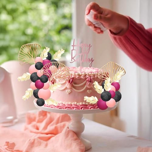 57Pcs Balls Cake Topper Boho Grass Cake topper Pearl Balls Acrylic Happy Birthday Cake Decorations for Wedding Baby Shower Birthday Boho Themed Party Supplies Black Pink Rose Red (Black Pink Rose Red)