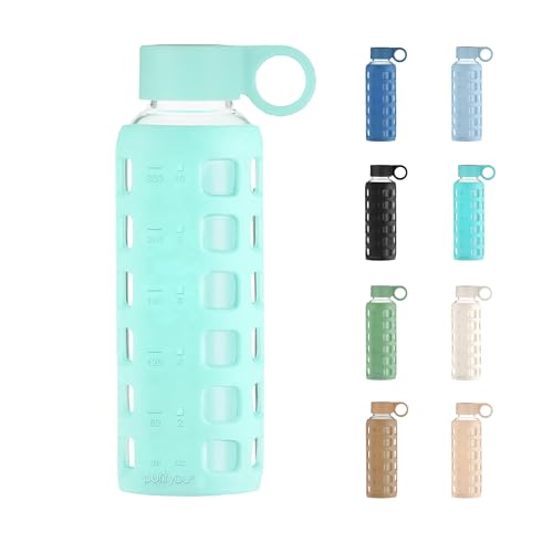 40oz / 32oz / 22oz / 12oz Borosilicate Glass Water Bottle with Time & Volume Markers, Silicone Sleeve, Stainless Steel Lid | Reusable Glass Bottle for Water & Juice (12oz Glow-in-the-Dark) (Glow-in-the-Dark (1 Count) / 12 Ounces)