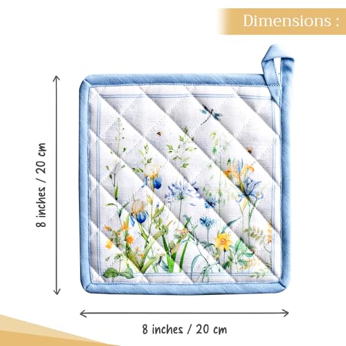 Pot Holders 100% Cotton Potholders (012 - Fleurs De Mai / 8" x 8" (Pot Holder Pack of 2))