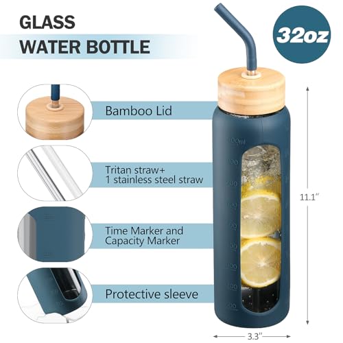 32oz Glass Water Bottle with Straw and 2 Lids (Dark Blue / 32 Ounces)