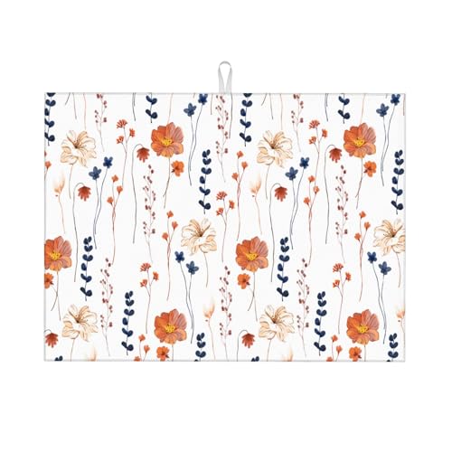 Orange Flower Decorative Dish Drying Mat for Kitchen Counter Watercolor Orange Floral Drying Pad 18x24 Inch Modern Absorbent Reversible Dish Drainer Rack Mats (Orange Flower / 18 x 24 inch)