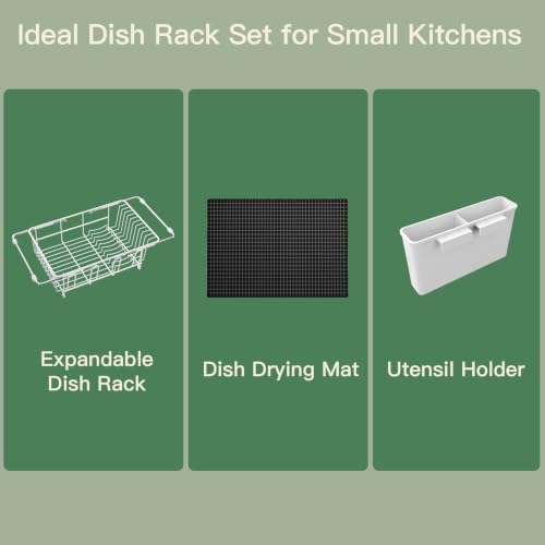 White Expandable Dish Drying Rack Over Sink with Extra Drying Mat (White / For 11.5"-16" W Sink with Cup Holder & Mat)