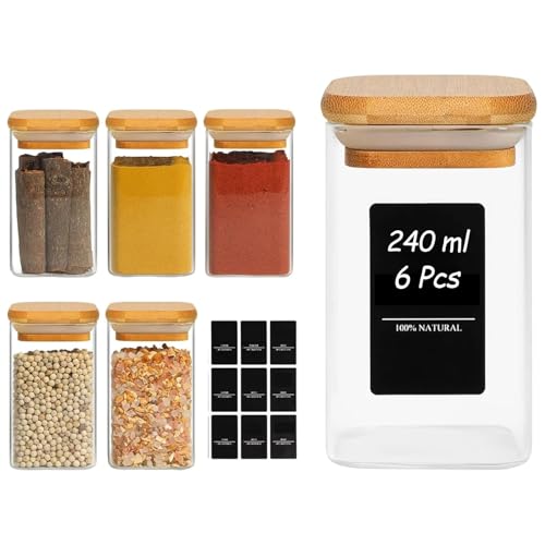 Square Glass Spice Jars with Labels 8 oz 6 Pack with Bamboo Lids (6 Count)