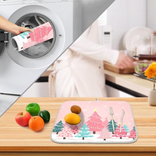 Christmas Tree Pink Dish Drying Mat for Kitchen Counter Absorbent Microfiber Large Drying Pad Winter White Snowflake Xmas Dish Mats for Kitchen Countertops 18 x 24 Inch (Christmas Tree Pink / 24" x 18")