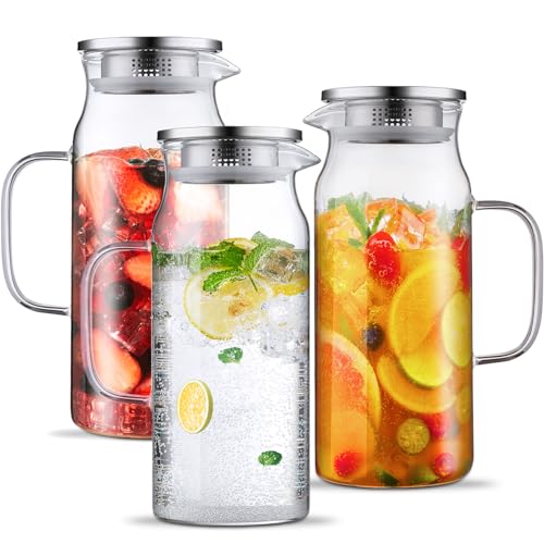3 Pack 2 Liter 68 oz 2.1 Qt Glass Pitcher with Lid and Handle (Clear / 68 Ounces (3 Pack))
