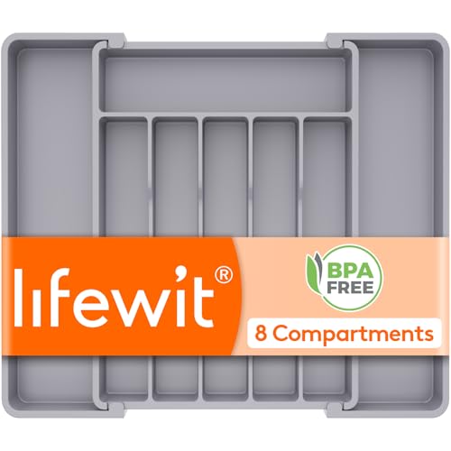 Expandable Silverware Drawer Organizer (Gray / Large (11-18''W x 14''D))
