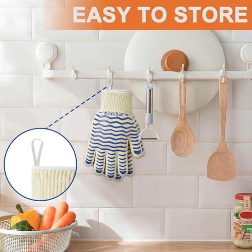 Oven Gloves 932°F Heat Resistant Oven Mitts with Fingers (White-blue / One Size Fits Most)