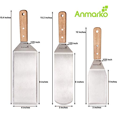 Metal Spatula Set Stainless Steel Hamburger Turner Griddle Flipper Scraper for BBQ Grill Flat Top (Wooden handle set)