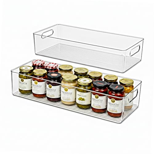 Plastic Food Storage 2 Pack Clear Container Bin with Handles for Organizing Kitchen (20x8x5)