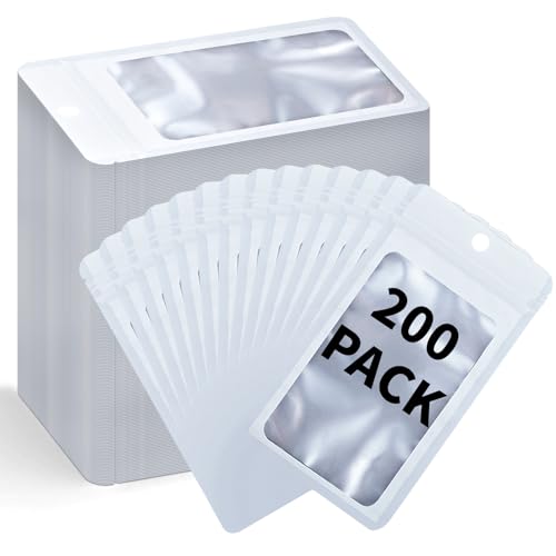 200 Pack Resealable Mylar Holographic Bags Food Storage Smell Proof Bags with Front Window Foil Packaging Pouch for Candy Sample Jewelry Small Business 4.13×5.91 Inch (200 Count)