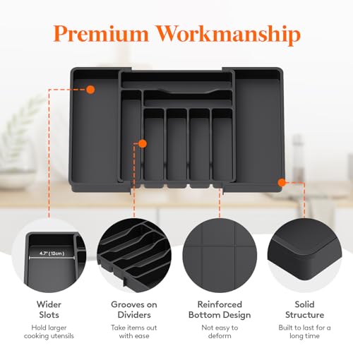 Expandable Silverware Drawer Organizer (Black / XL (13"-22.4" W × 15"D))