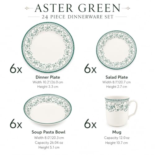 Royal 24 Piece Porcelain Dinnerware Set for 6 (Aster Green / 24)