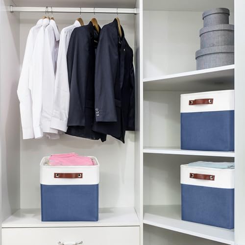 Collapsible Fabric Storage Cubes 11x11 Cube Storage Bins (NavyBlue / Off-White / Cube - 11"x11"x11")
